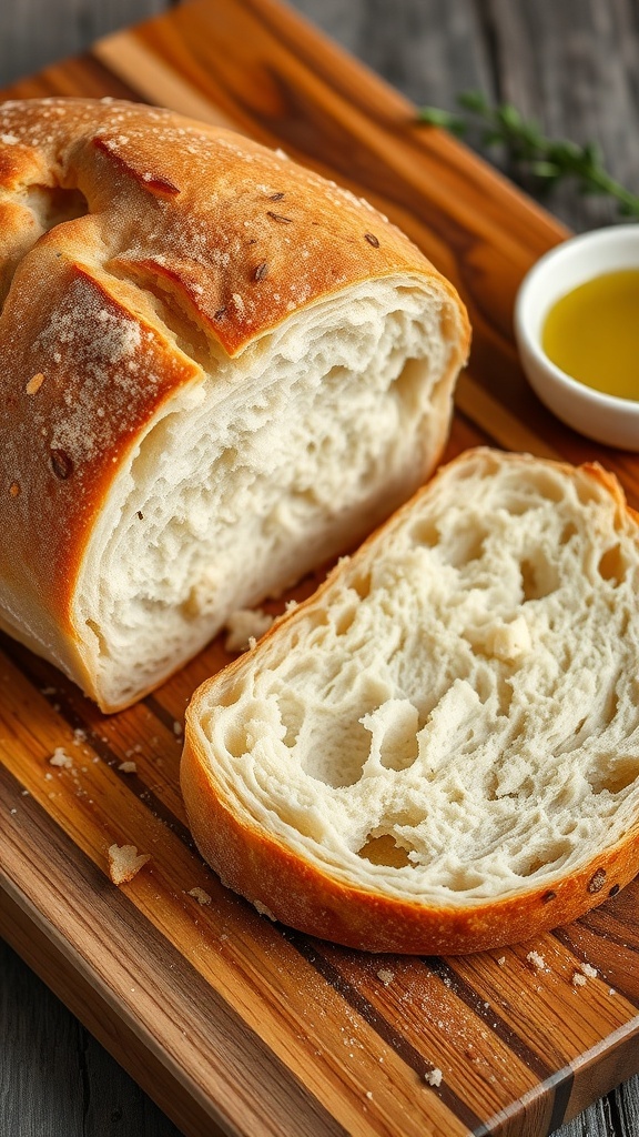 Simple No-Dutch-Oven Bread Recipe A rustic loaf of freshly baked bread on a cutting board, sliced to show its soft interior, with olive oil in a bowl nearby.
